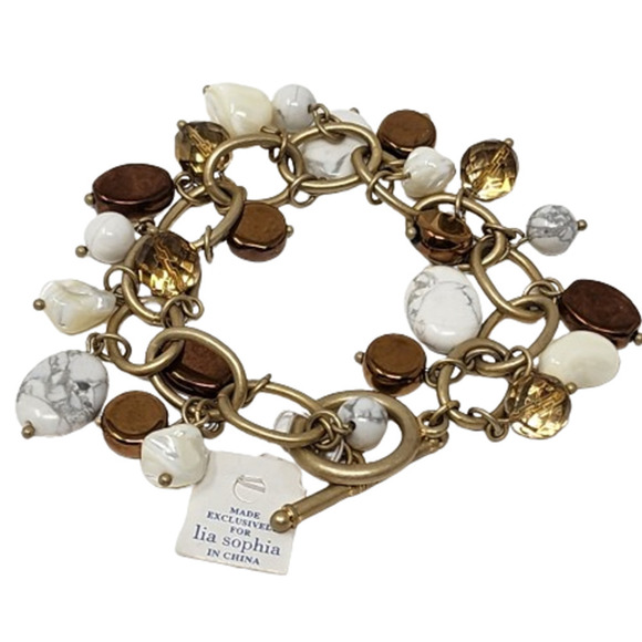 Lia Sophia Chain Link Bracelet 7" -Genuine Howlite, Mother-of-Pearl, Glass Beads - Picture 6 of 10
